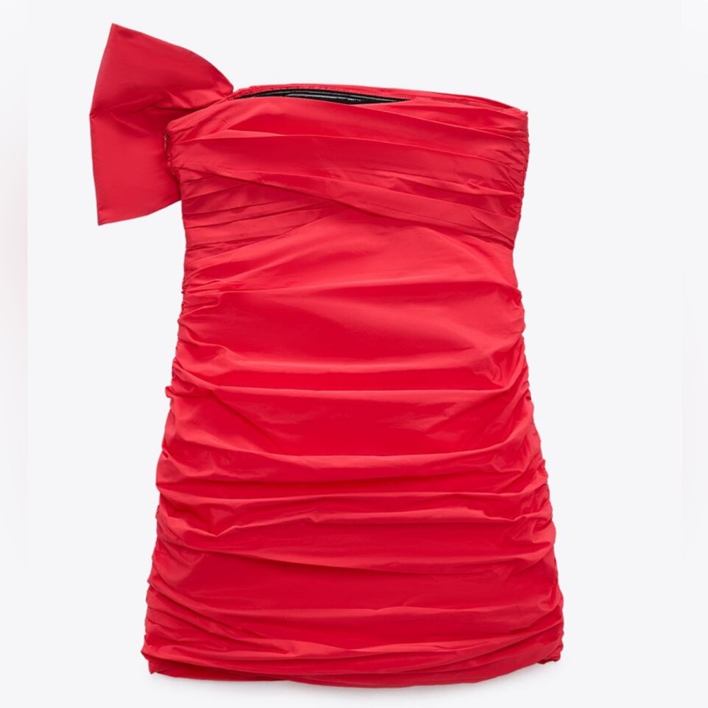 Zara Strawberry Red Ruched Mini Dress with Bow “Bloggers Fave” - Picture 5 of 11